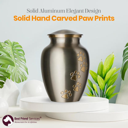 Pet Urn - Ottillie Paws Legacy Memorial Pet Cremation Urns for Dogs and Cats Ashes Hand Carved Brass Memory Keepsake Urn (Pewter, Vertical, Brass, Small)