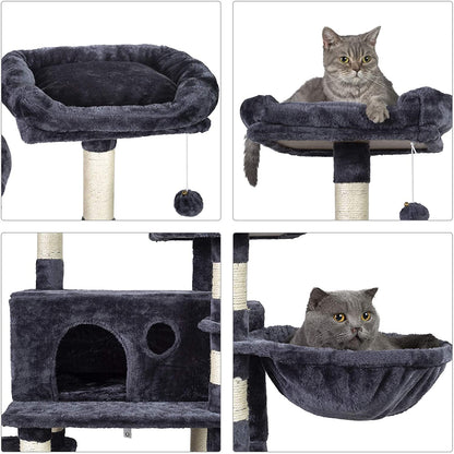 Cat Tree for Large Cats, Cat Tower with Scratching Posts, 2 Padded Plush Perches, Big Condo and Cozy Basket, Smoky Gray MPJ025G