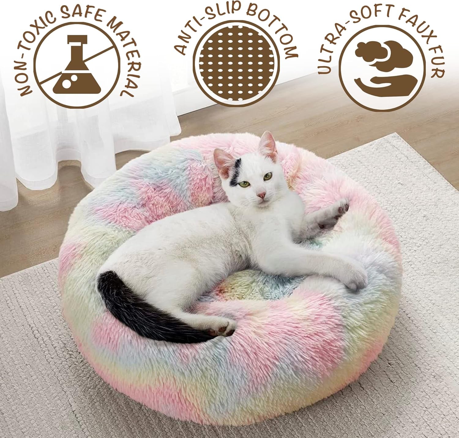 Donut Dog Bed Faux Fur Fluffy Calming Sofa for Large Dogs, Soft & Plush anti Anxiety Pet Couch for Dogs, Machine Washable Coco Pet Bed with Non-Slip Bottom, 36"X36"X8" Rainbow