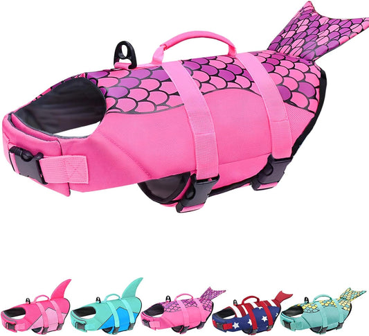 Dog Life Jacket, Ripstop Dog Life Vest Adjustable Dog Life Preserver with Strong Buoyancy and Durable Rescue Handle Puppy Life Jacket for Small Medium Large Dogs Boating Mermaid-Pink