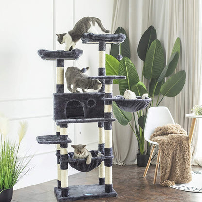 Cat Tree for Large Cats, Cat Tower with Scratching Posts, 2 Padded Plush Perches, Big Condo and Cozy Basket, Smoky Gray MPJ025G