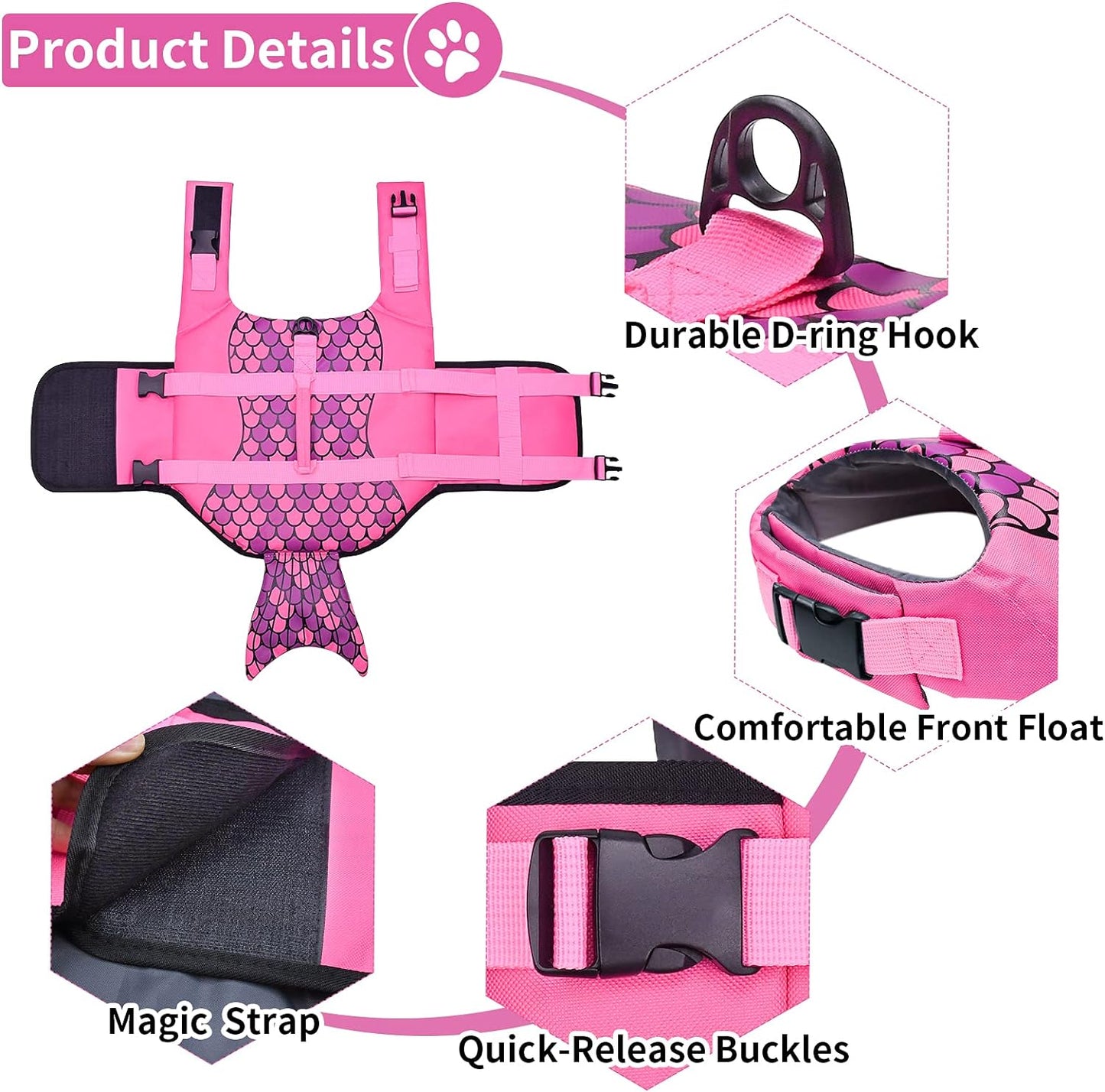 Dog Life Jacket, Ripstop Dog Life Vest Adjustable Dog Life Preserver with Strong Buoyancy and Durable Rescue Handle Puppy Life Jacket for Small Medium Large Dogs Boating Mermaid-Pink