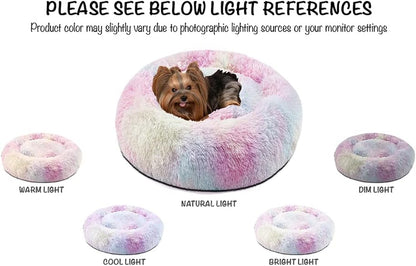 Donut Dog Bed Faux Fur Fluffy Calming Sofa for Large Dogs, Soft & Plush anti Anxiety Pet Couch for Dogs, Machine Washable Coco Pet Bed with Non-Slip Bottom, 36"X36"X8" Rainbow