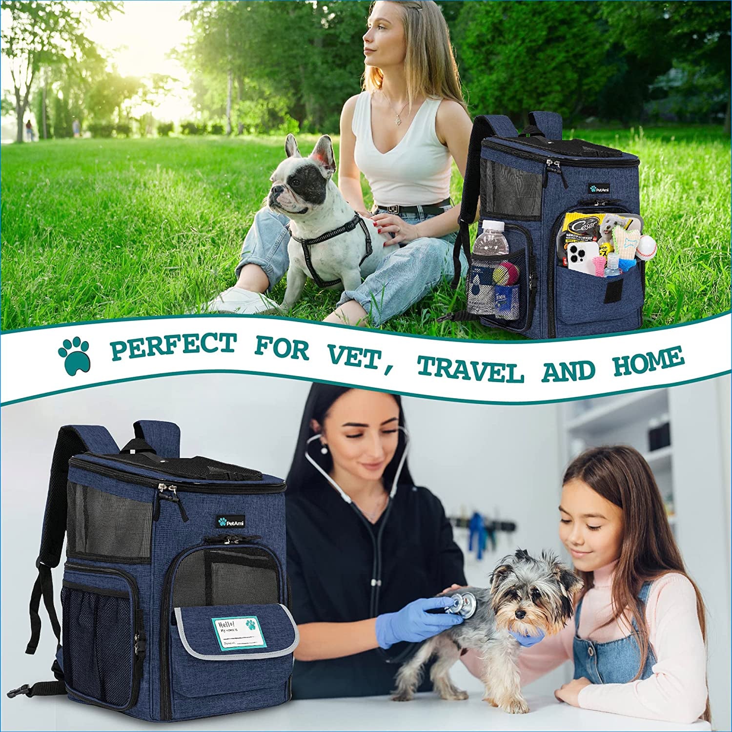 Dog Backpack Carrier, Airline Approved Cat Backpacks for Carrying Small Large Cats, Pet Carrier Back Pack, Ventilated Soft Sided for Travel, Hiking, Camping, Max 18 Lbs, Navy