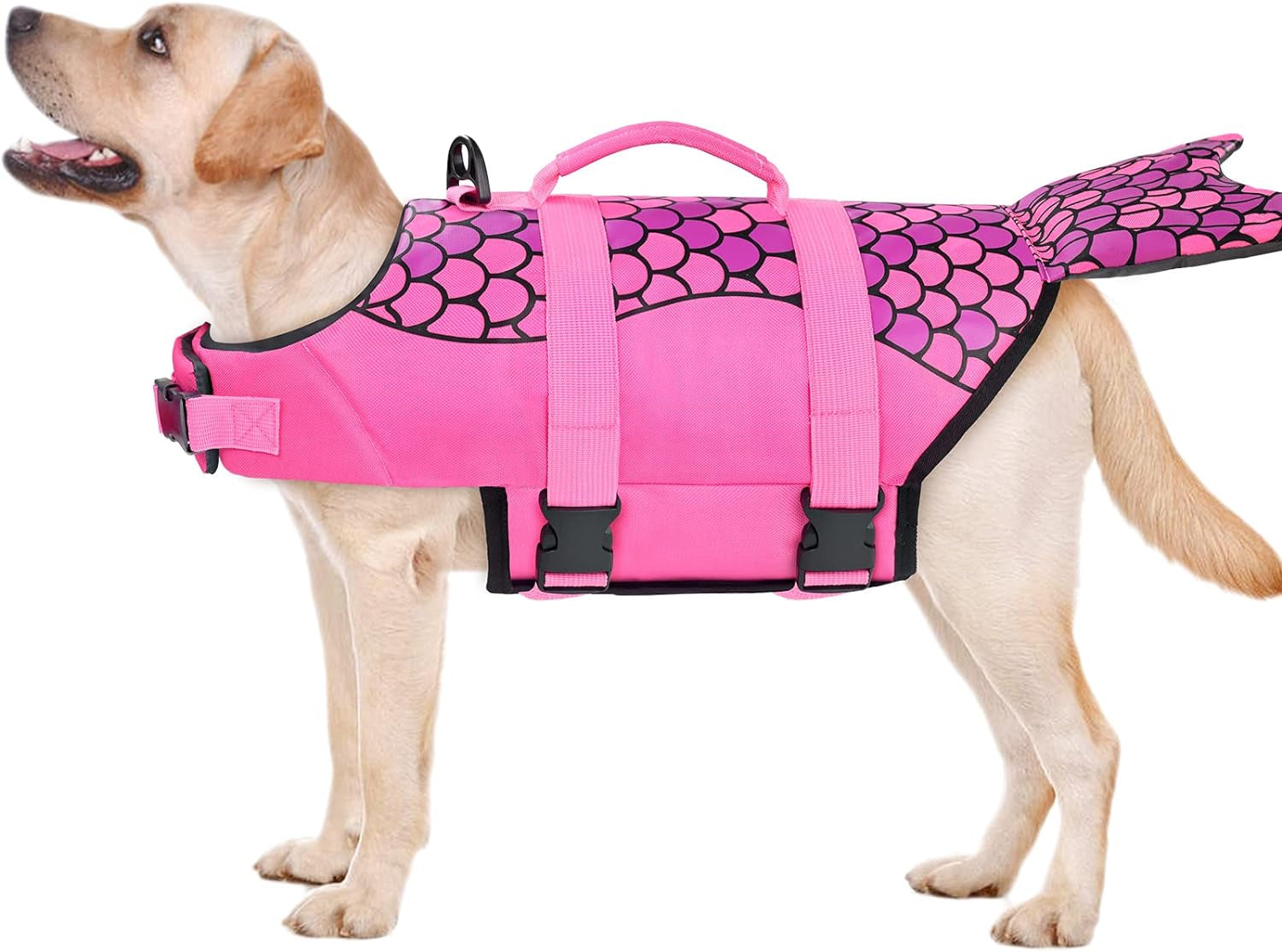 Dog Life Jacket, Ripstop Dog Life Vest Adjustable Dog Life Preserver with Strong Buoyancy and Durable Rescue Handle Puppy Life Jacket for Small Medium Large Dogs Boating Mermaid-Pink