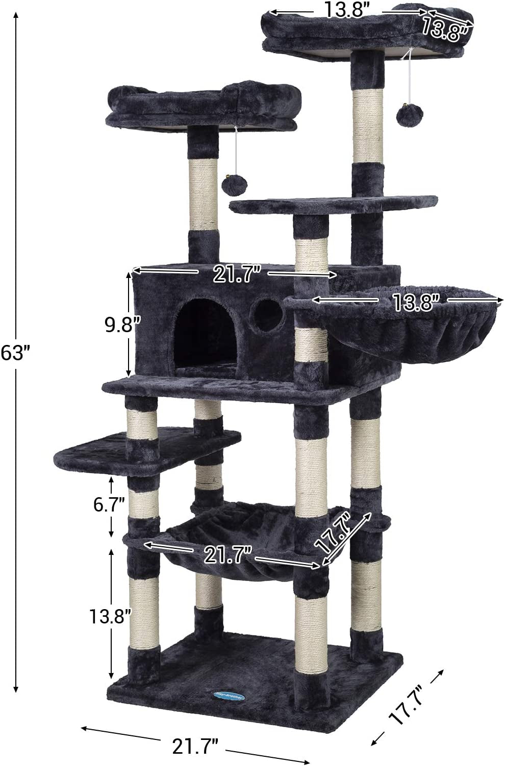 Cat Tree for Large Cats, Cat Tower with Scratching Posts, 2 Padded Plush Perches, Big Condo and Cozy Basket, Smoky Gray MPJ025G