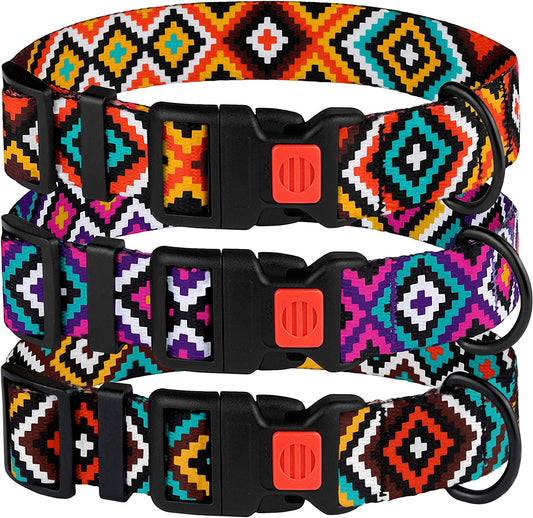 Purple Geometric Dog Collar, Pet Collar for Small Medium Large Dogs or Puppies with Quick Release Buckle, Yellow Orange Pattern, Adjustable Nylon (Teal, Neck Fit 10"-13")